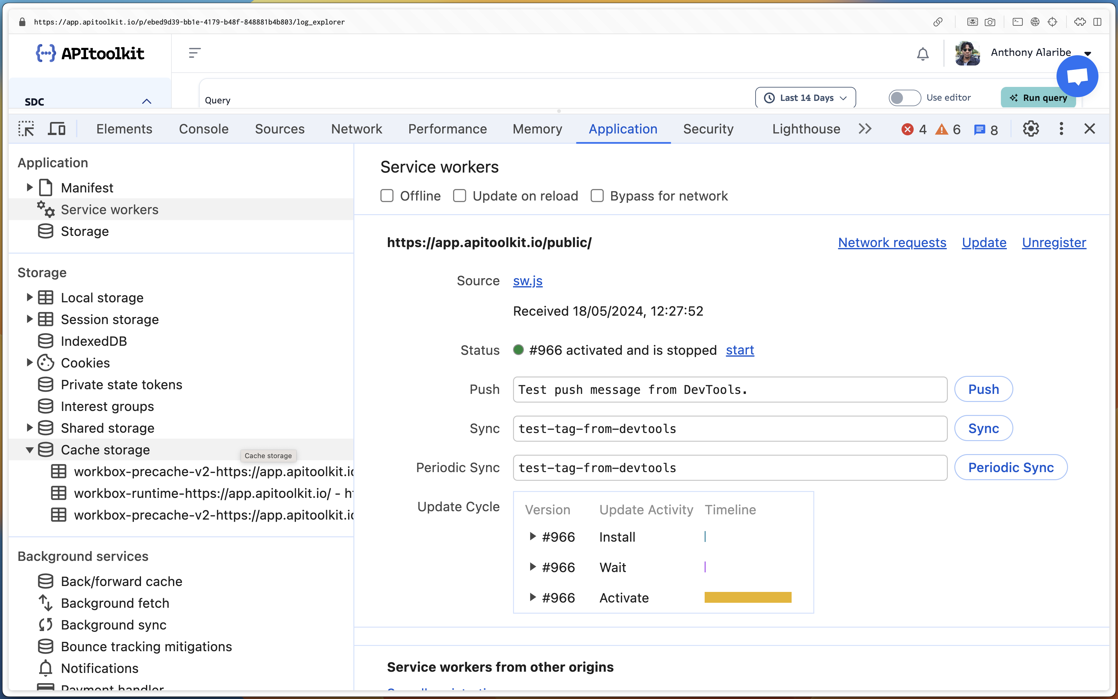 显示 Chrome 浏览器控制台中注册的服务工作者的图像。